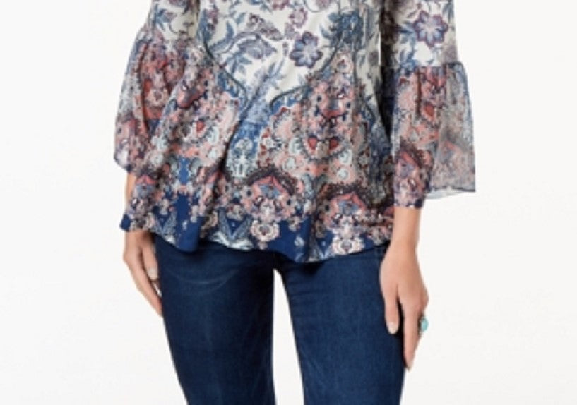 Style & Co. Women's Printed Flare Sleeve Blouse White/Blue  Size XX-Large