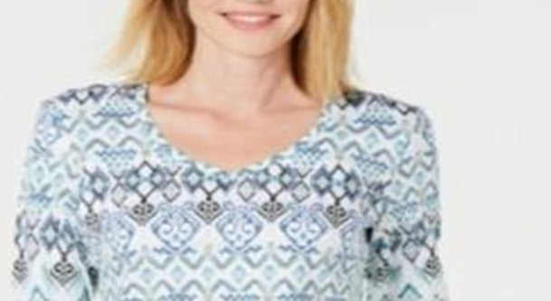 Karen Scott Women's Printed V Neck Top Blue Size Small