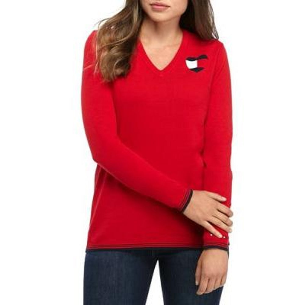 Tommy Hilfiger Women's Cotton Logo Heart Sweater Red Size Medium