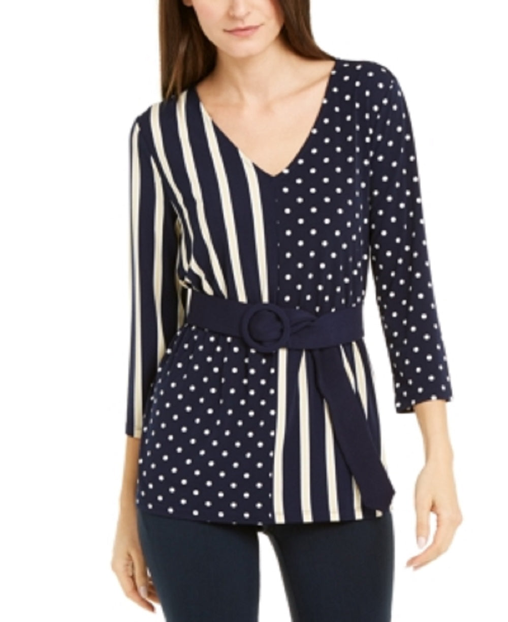 Alfani Women's Tie Polka Dot 3/4 Sleeve Blouse Party Top Blue Size Petite Medium