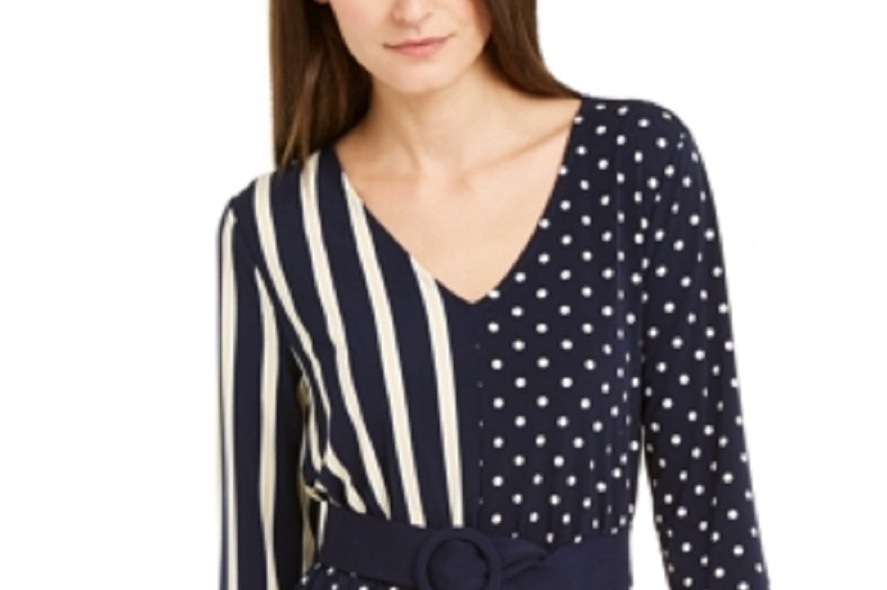 Alfani Women's Tie Polka Dot 3/4 Sleeve Blouse Party Top Blue Size Petite Medium