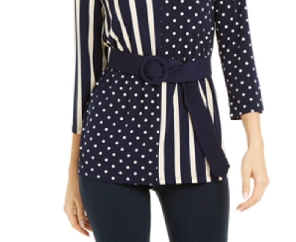 Alfani Women's Tie Polka Dot 3/4 Sleeve Blouse Party Top Blue Size Petite Medium