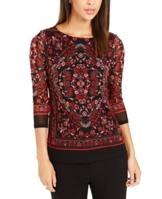 Charter Club Women's Printed Boat Neck Top Red Size X-Small