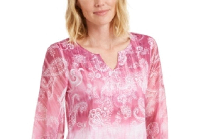 JM Collection Women's Paisley Print Embellished Split Neck Top Pink Size X-Large