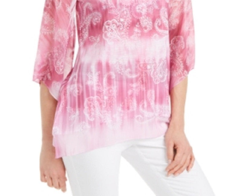 JM Collection Women's Paisley Print Embellished Split Neck Top Pink Size X-Large
