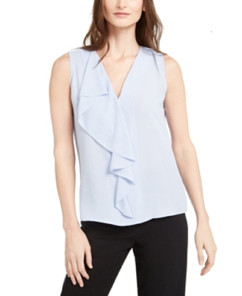 Calvin Klein Women's Sleeveless Ruffled Blouse Blue Size Small