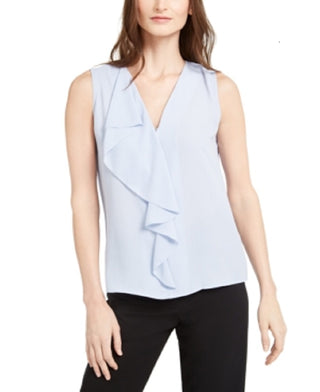 Calvin Klein Women's Sleeveless Ruffled Blouse Blue Size Small