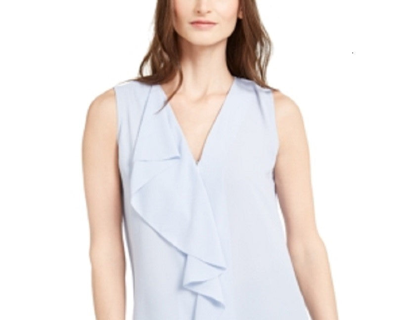 Calvin Klein Women's Sleeveless Ruffled Blouse Blue Size Small