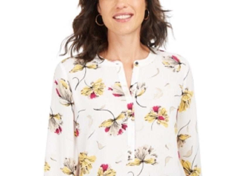 JM Collection Women's Printed Pleated Back Blouse Yellow Size Small