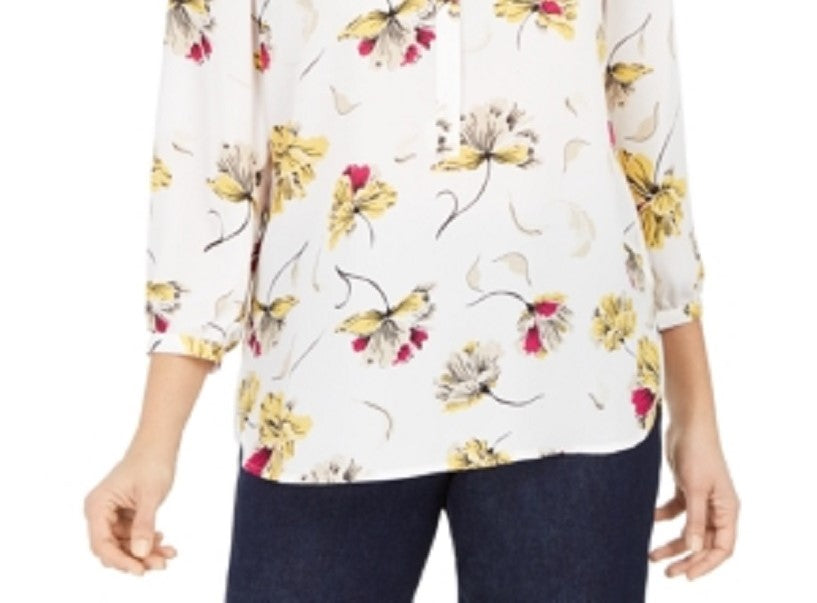 JM Collection Women's Printed Pleated Back Blouse Yellow Size Small