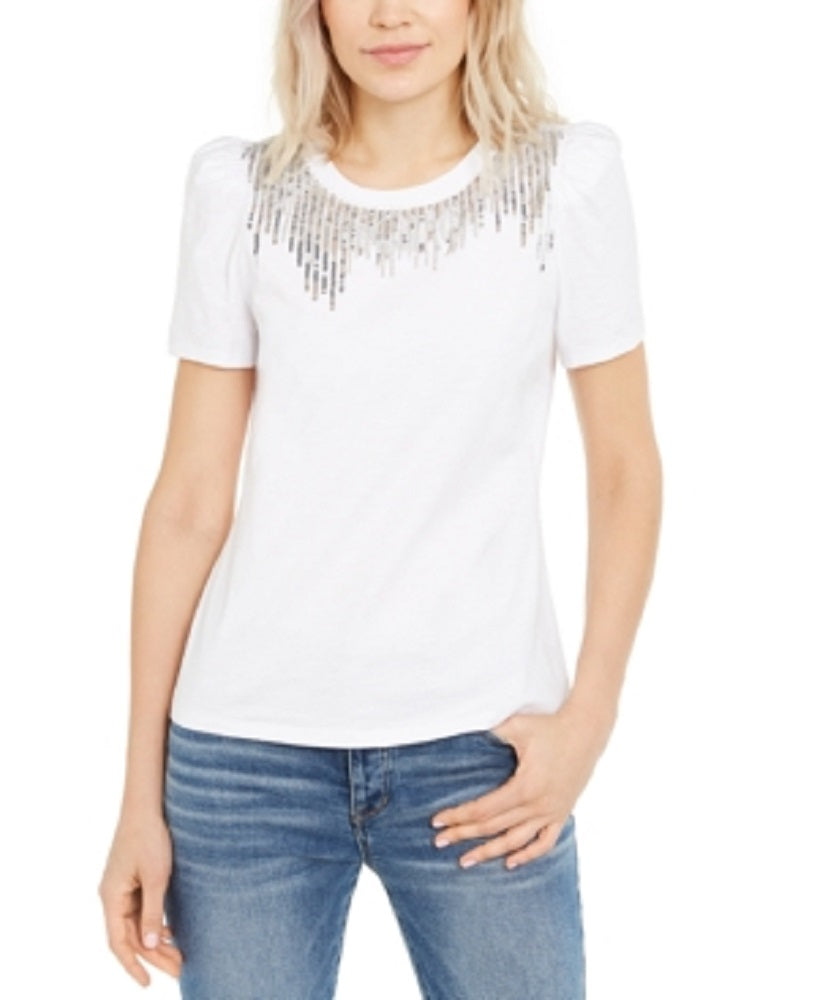 INC International Concepts Women's Sequin Fringe Cotton T-Shirt White Size Petite Medium