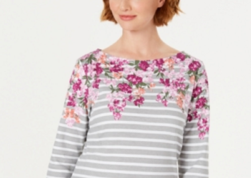 Karen Scott Women's Three Quarter Sleeve Printed Top Red Size X-Large