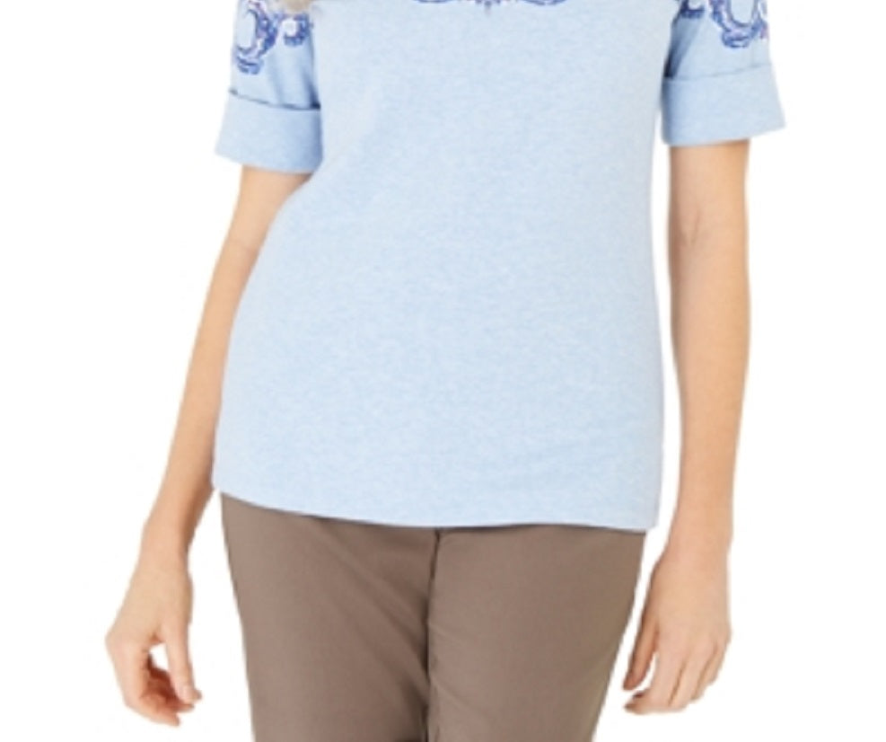 Karen Scott Women's Printed Boat Neck Top Blue Size X-Small