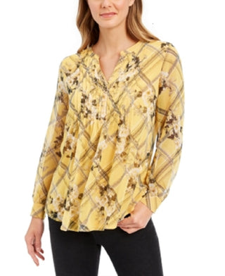 Charter Club Women's Printed Split Neck Top Yellow Size X-Small