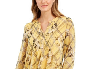 Charter Club Women's Printed Split Neck Top Yellow Size X-Small