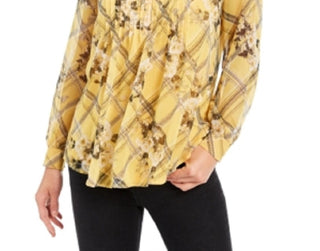 Charter Club Women's Printed Split Neck Top Yellow Size X-Small