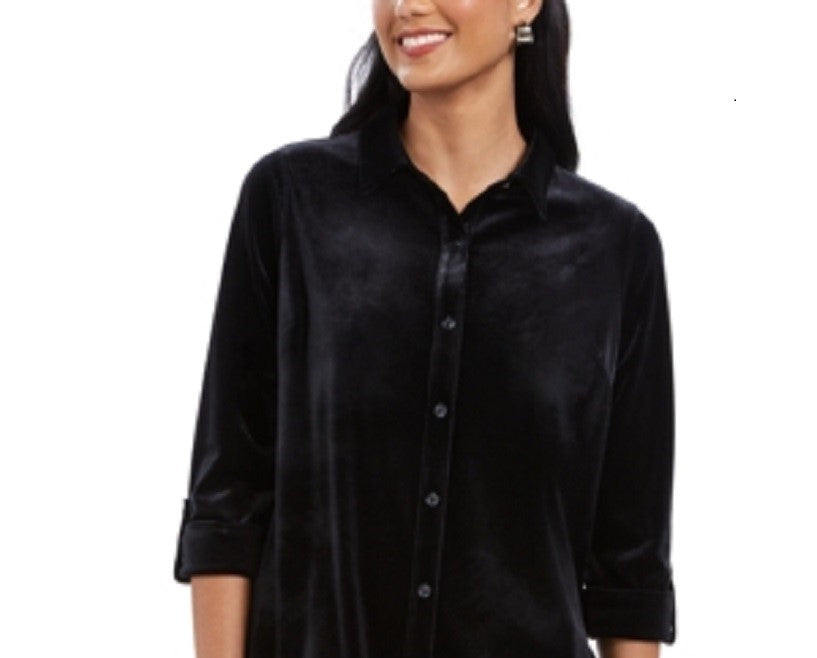 Charter Club Women's Button Front Velvet Top Black Size Petite L