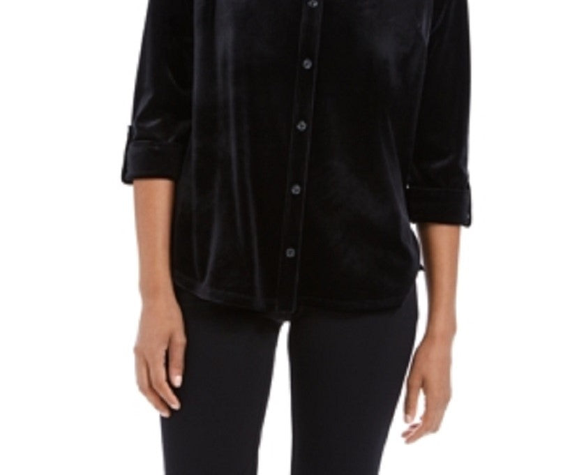Charter Club Women's Button Front Velvet Top Black Size Petite L