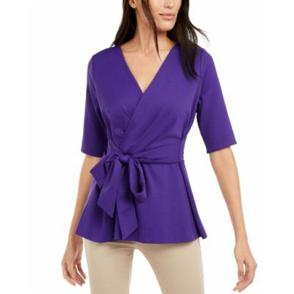 Alfani Women's Faux Wrap Elbow Sleeve Top Purple Size Petite L