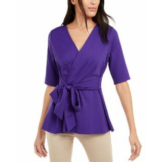 Alfani Women's Faux Wrap Elbow Sleeve Top Purple Size Petite L