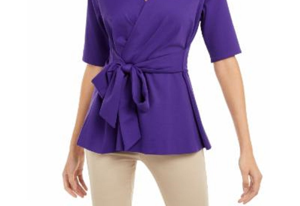 Alfani Women's Faux Wrap Elbow Sleeve Top Purple Size Petite L