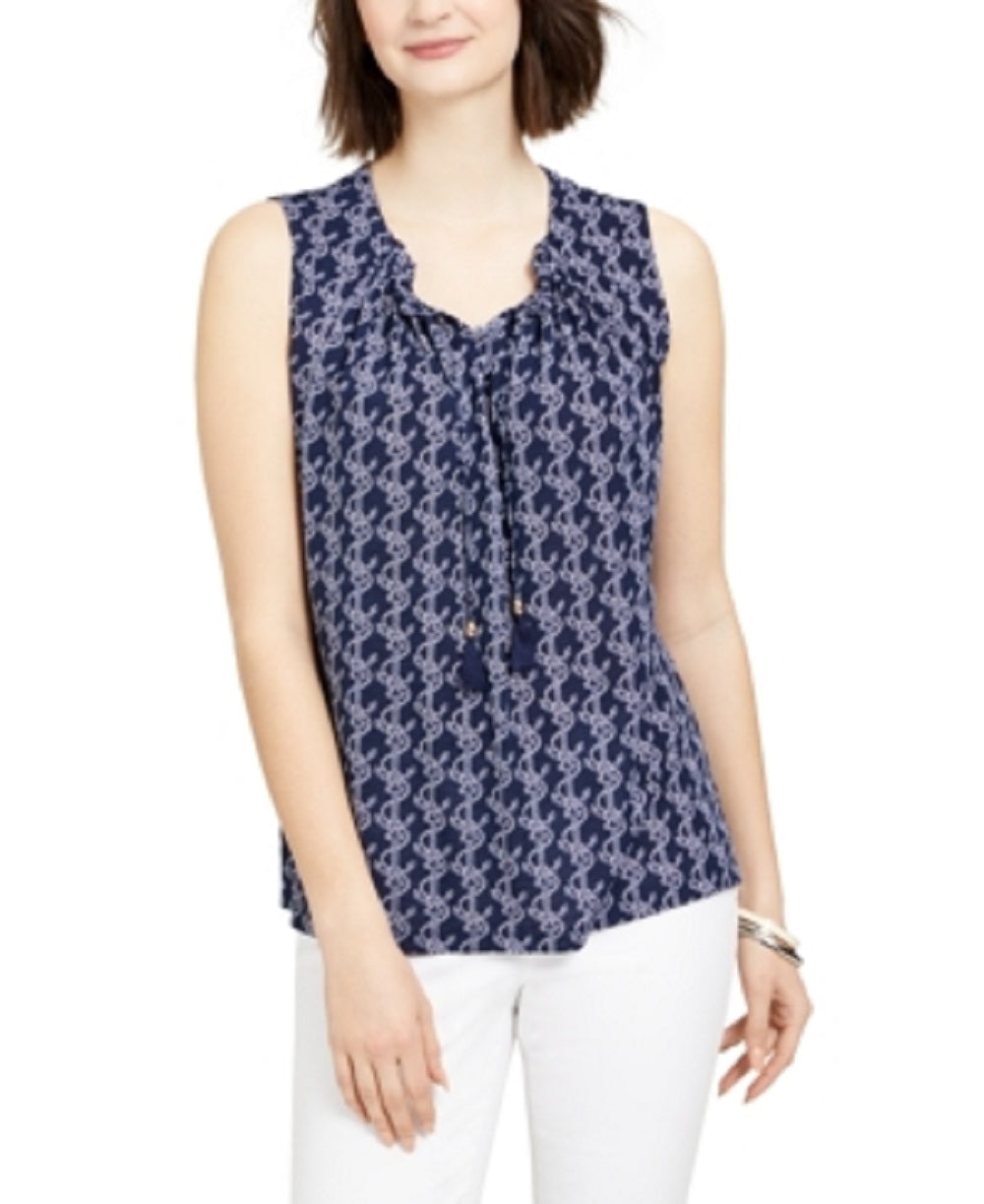 Charter Club Women's Printed Drawstring Neck Top Blue Size X-Large