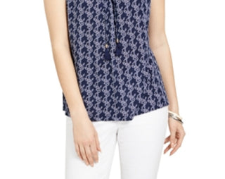 Charter Club Women's Printed Drawstring Neck Top Blue Size X-Large