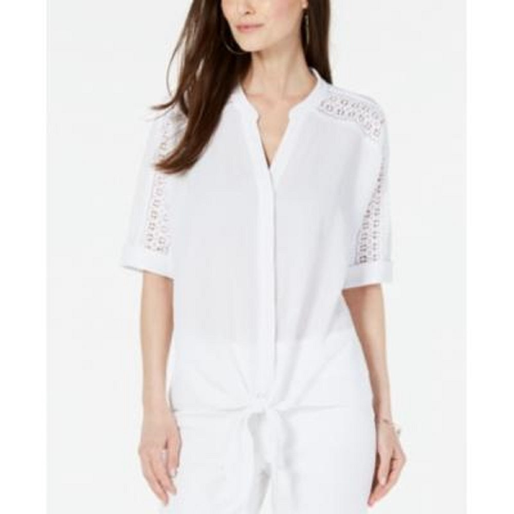Alfani Women's Lace Inset Tie Front Top White Size Petite Medium