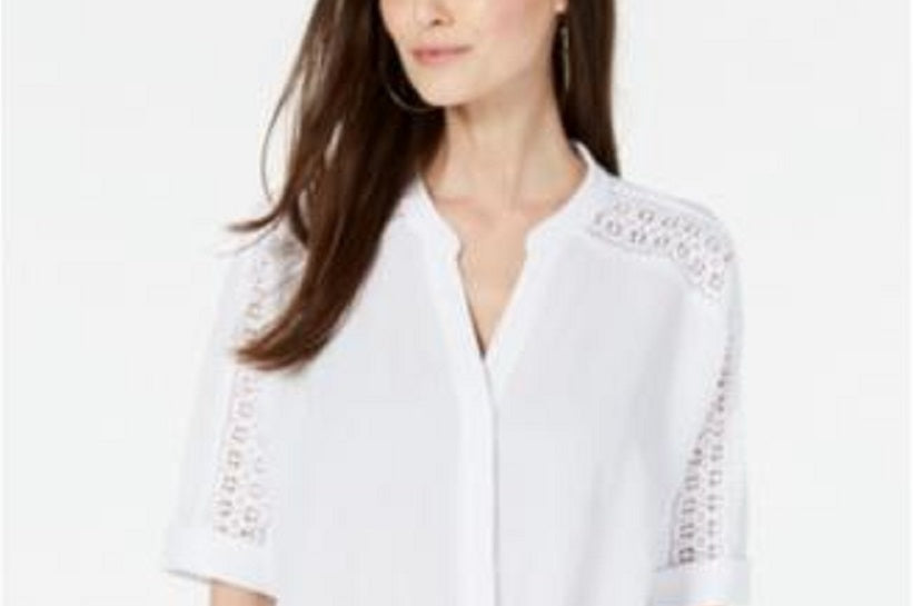 Alfani Women's Lace Inset Tie Front Top White Size Petite Medium