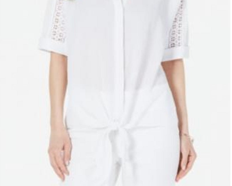 Alfani Women's Lace Inset Tie Front Top White Size Petite Medium