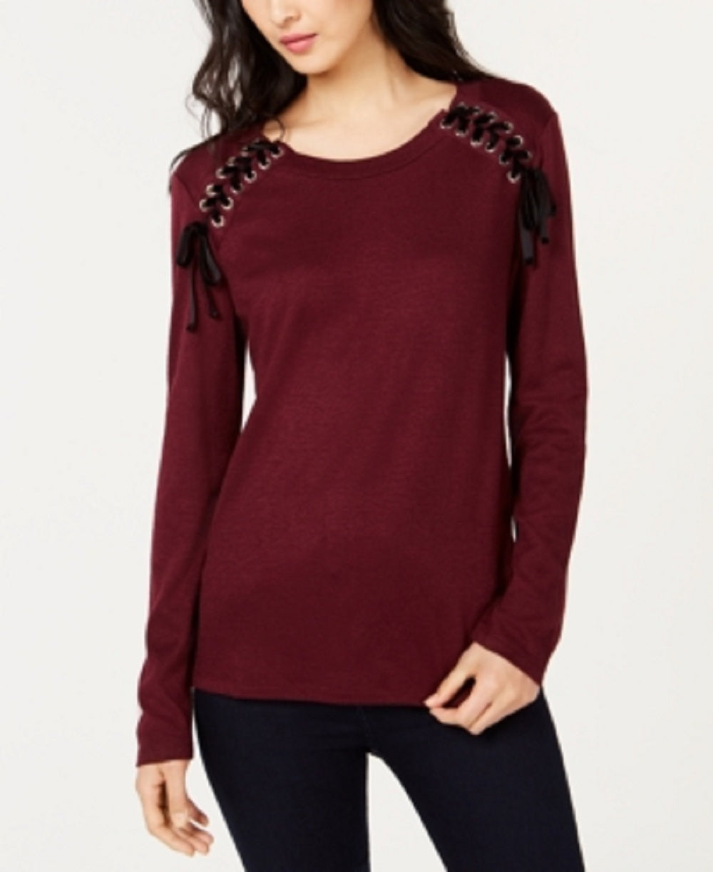 INC International Concepts Women's Lace-up Scoop Neck Top Red Size XX-Large