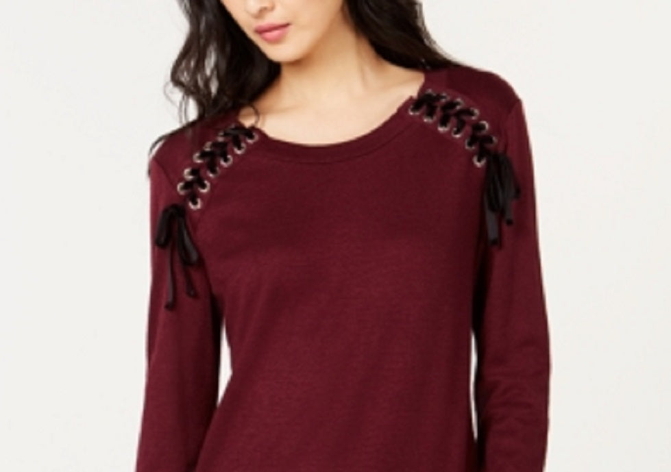 INC International Concepts Women's Lace-up Scoop Neck Top Red Size XX-Large