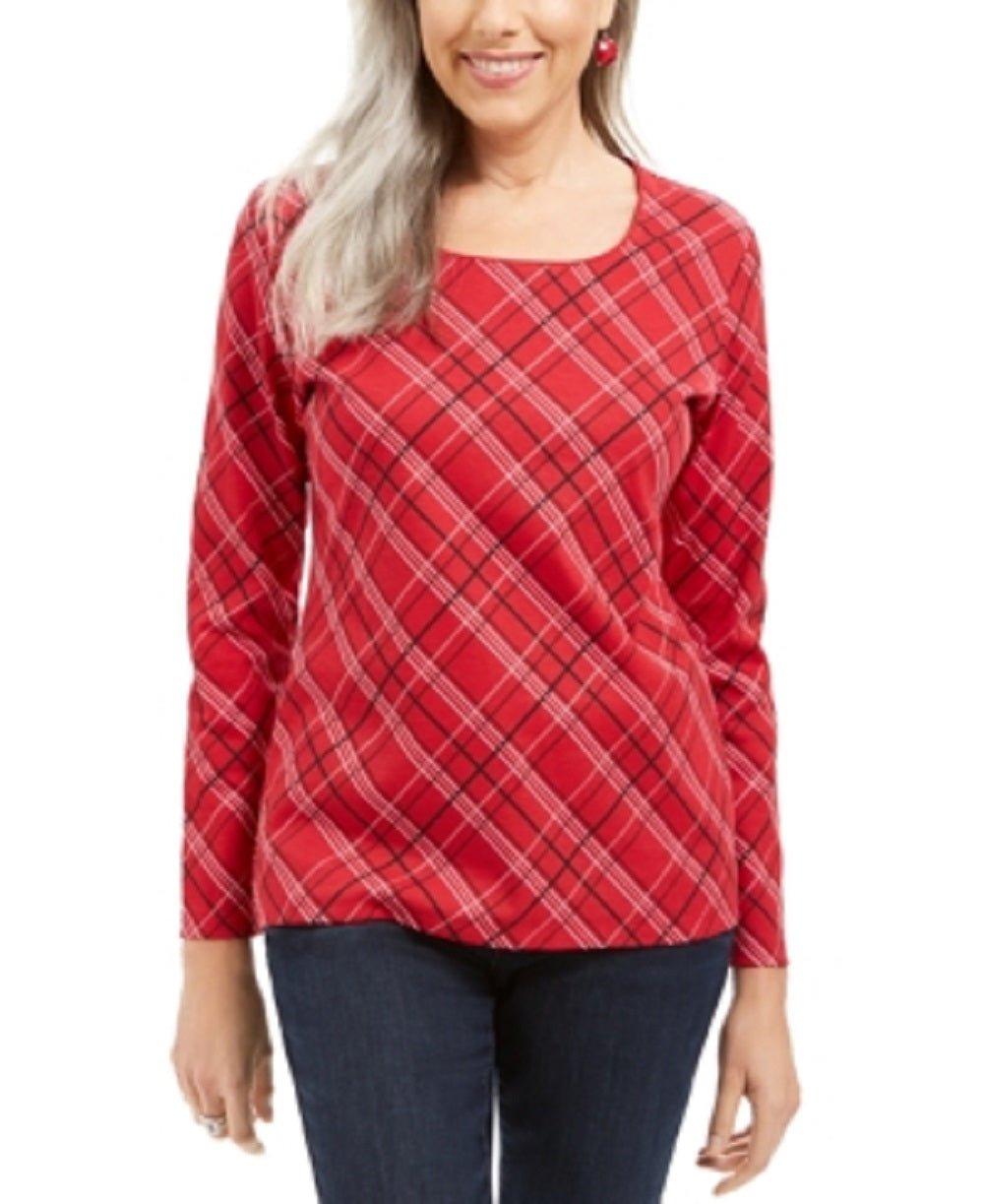 Karen Scott Women's Holly Plaid Embellished Top Red Size X-Small