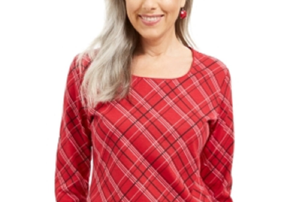 Karen Scott Women's Holly Plaid Embellished Top Red Size X-Small