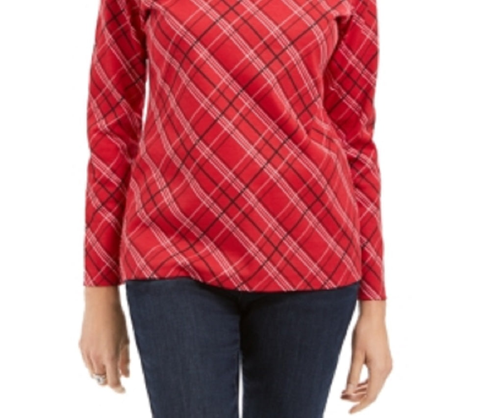 Karen Scott Women's Holly Plaid Embellished Top Red Size X-Small