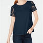 Charter Club Women's Cotton Lace Embellished T-Shirt Blue Size X-Small