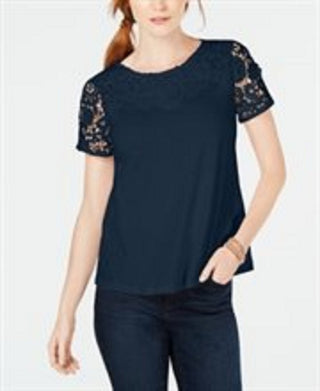 Charter Club Women's Cotton Lace Embellished T-Shirt Blue Size X-Small