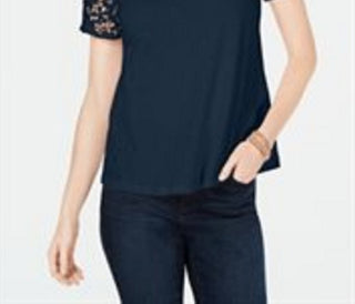 Charter Club Women's Cotton Lace Embellished T-Shirt Blue Size X-Small