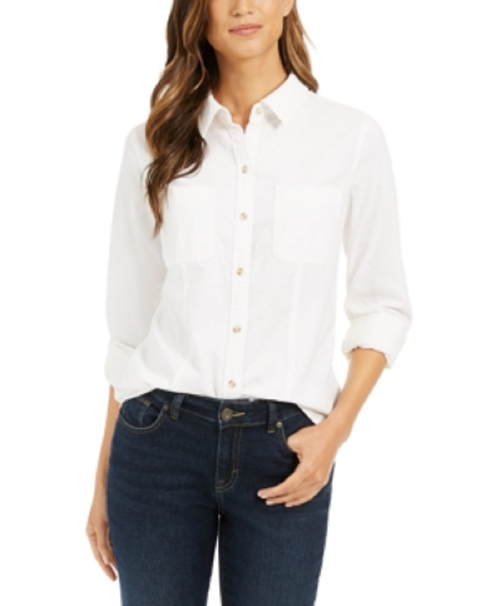 Charter Club Women's Button Down Cotton Corduroy Shirt White Size PSM
