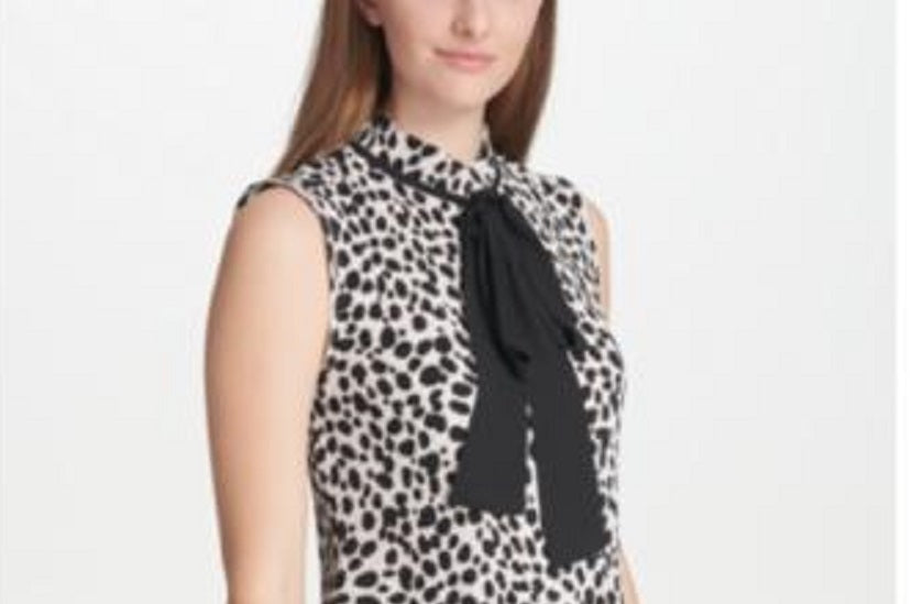 DKNY Women's Blouse Small Pleated Leopard Tie Neck White Size Small