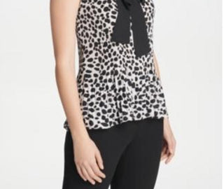 DKNY Women's Blouse Small Pleated Leopard Tie Neck White Size Small