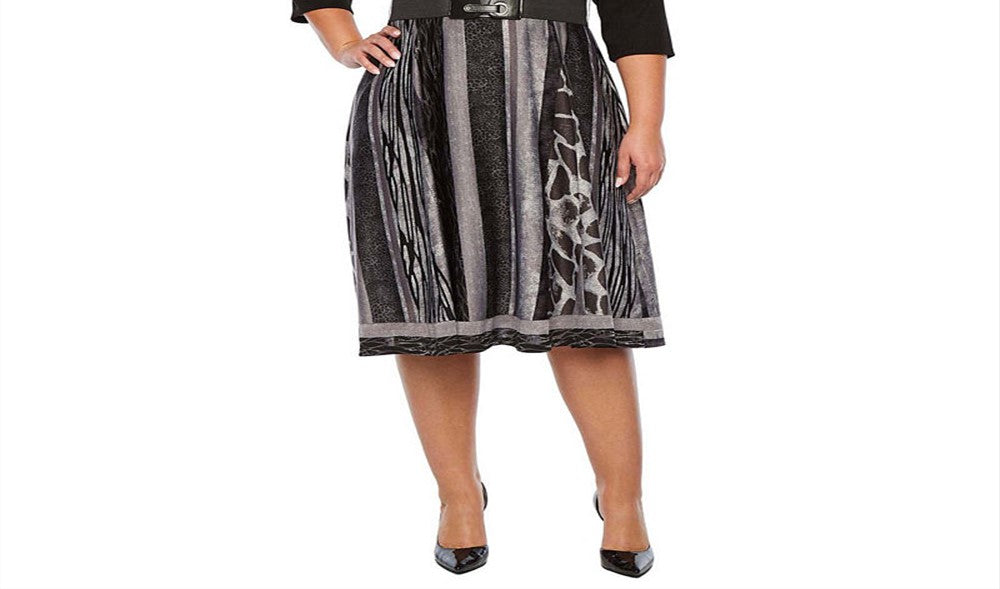 Robbie Bee Women's Plus Ribbed Top Belted Animal Print Dress Black/Grey Size 3X