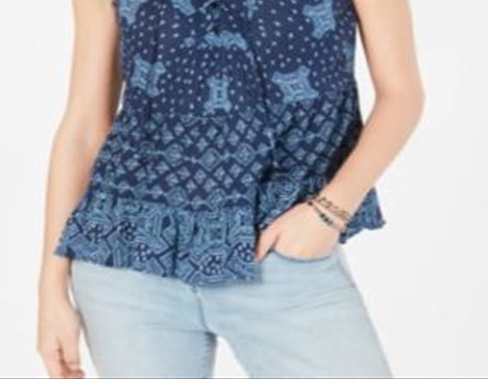 Style & Co Women's Printed Tiered Lace up Top  Blue Size XX-Large