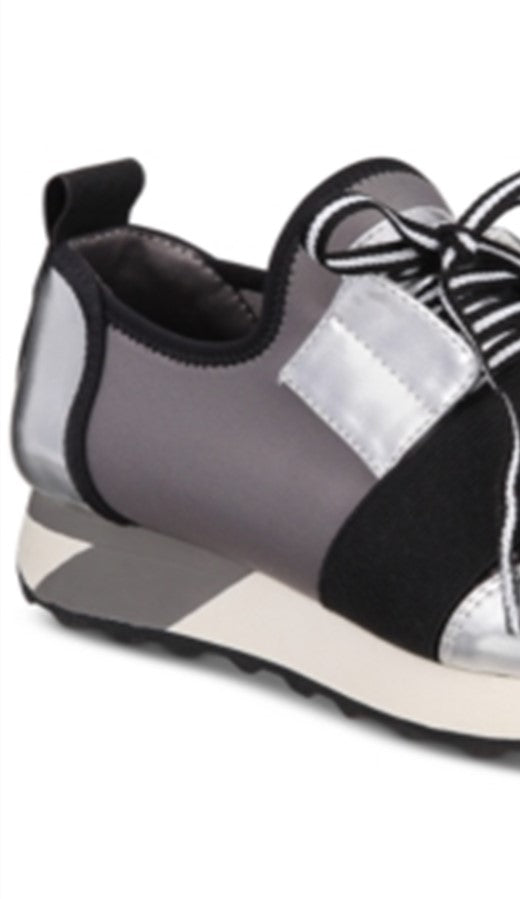 Material Girl Women's Camouflage Mixed Media Color Block Elastic Strap Heel Tab Faux Laces Cushioned Metallic Annya Almond Toe Wedge Gray Size 8 M