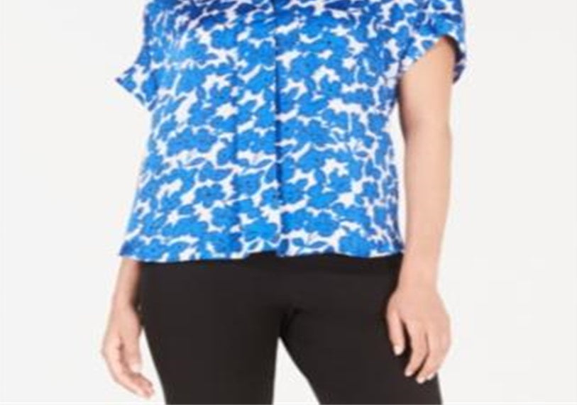 Alfani Women's Printed Short-Sleeve Blouse Blue Size XL
