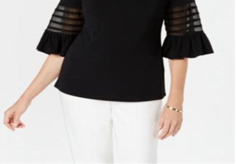 JM Collection Women's Keyhole Bell Sleeve Top Black Size Small