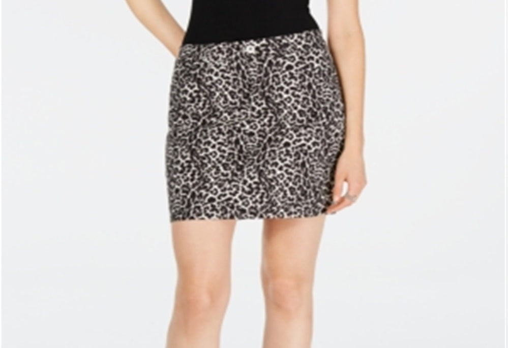 INC International Concepts Women's  Leopard Print Denim Mini Skirt Black Size 8