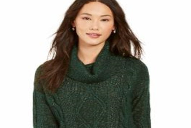 Charter Club Women's Cowl Neck Cable Knit Glitter Sweater Green Size X-Small