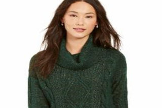 Charter Club Women's Cowl Neck Cable Knit Glitter Sweater Green Size X-Small