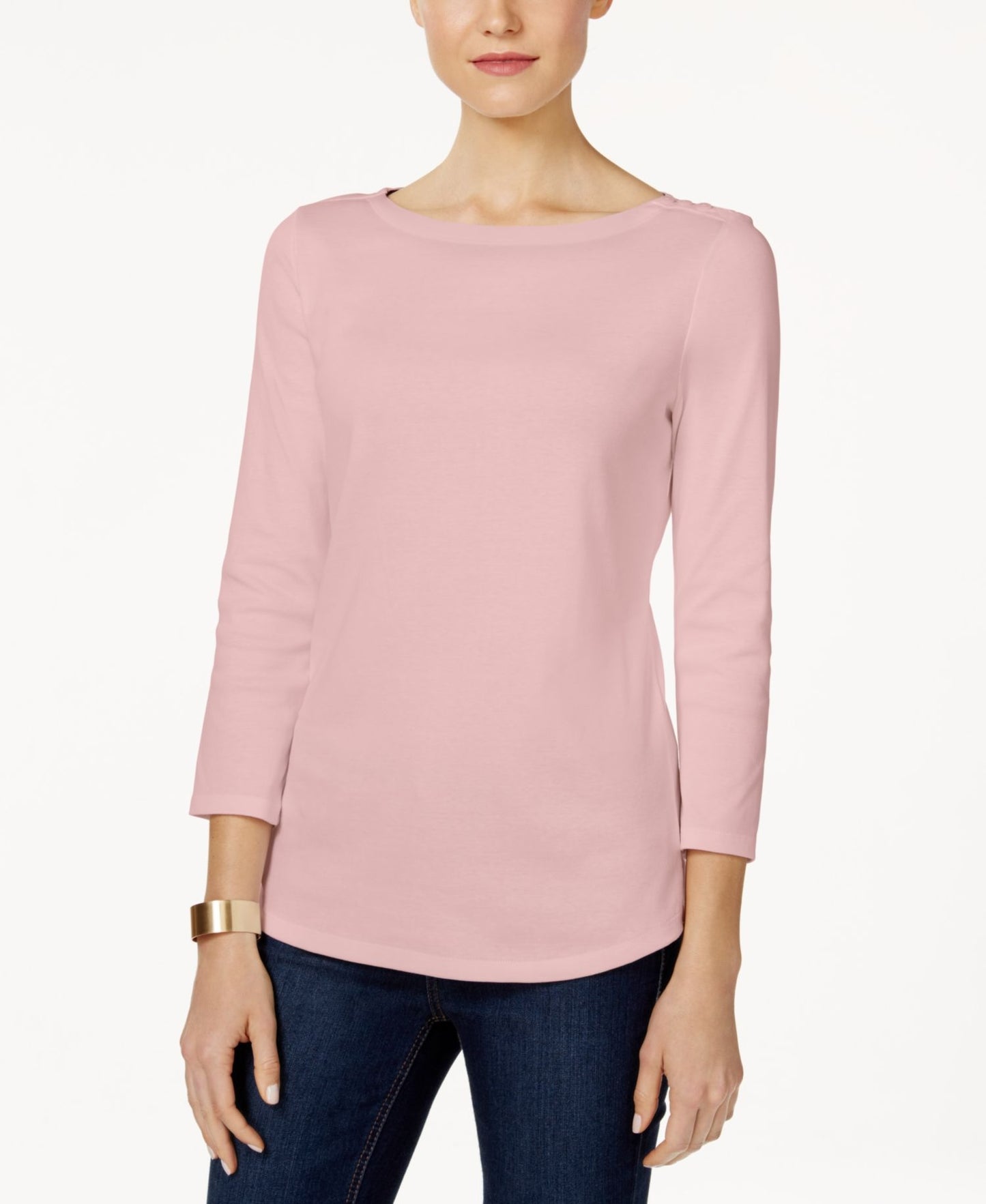 Charter Club Women's Petite Pima Cotton Button-Shoulder Top Pink Size Petite S